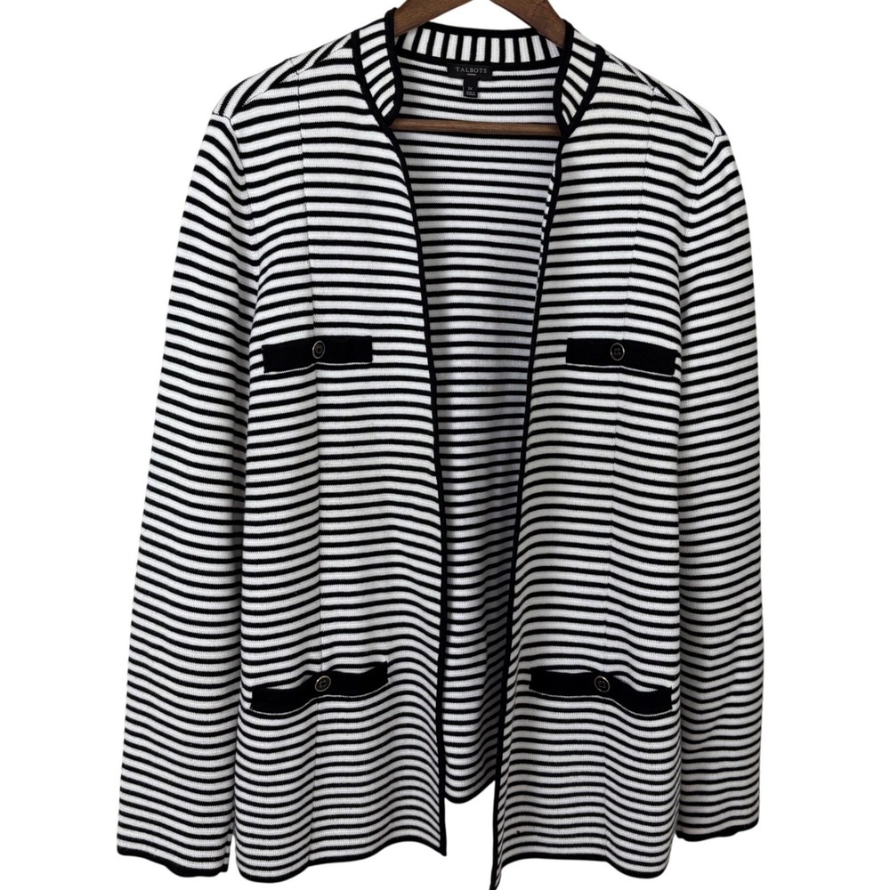 Talbots Cardigan Women 1X Black White Stripe Gold Button Pocket Preppy Classic‎